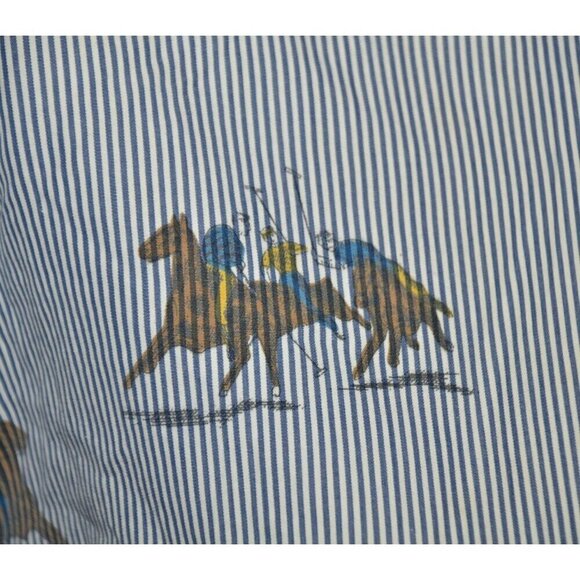 Vintage Rare Ladies 10 British Khaki Blue Pinstripe Button Down Shirt Polo Horse - Picture 3 of 9